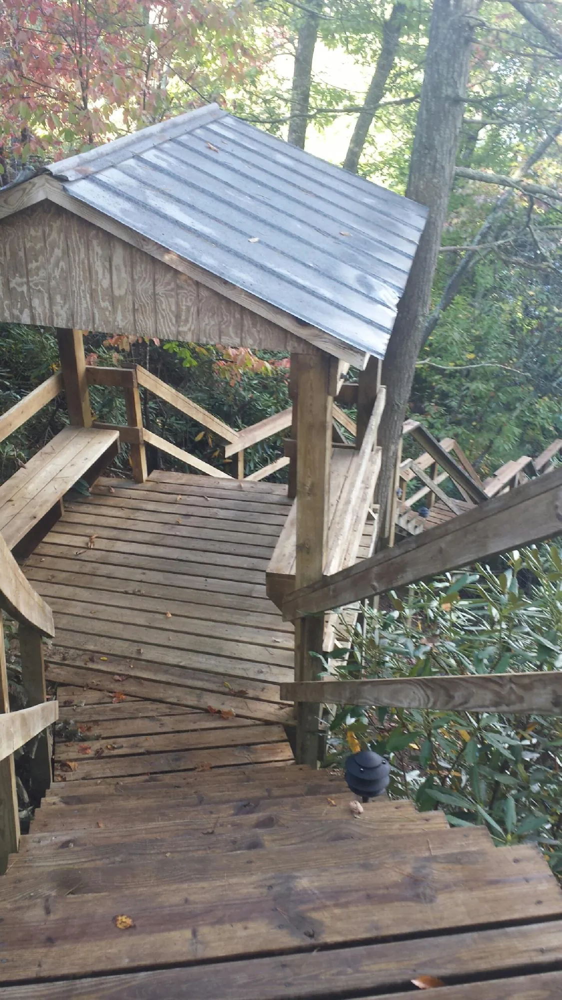 Metal roofed shelter over wooden steps on a wooded walkway — Skylight Repair & Installation work by our crew in Morrisonville